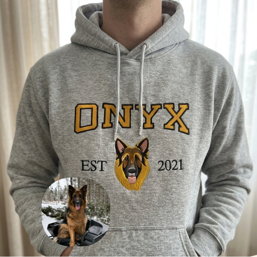Gray hoodie with a dog graphic and text 'ONYX EST 2021' on a neutral background