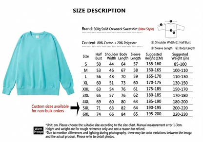 Size chart for a 300G Solid Crewneck Sweatshirt with dimensions and custom size options.